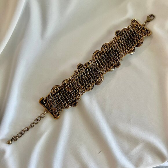 Chunky Large Rhinstone Bronze Gold Tone Statement Fashion Costume Bracelet - Picture 8 of 11